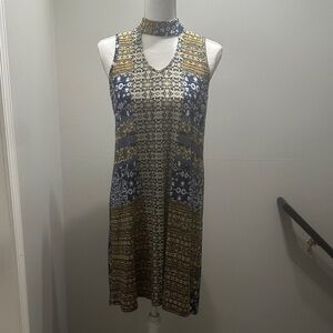 ONE WORLD Navy and Gold Patterned Midi Dress with Choker Neck